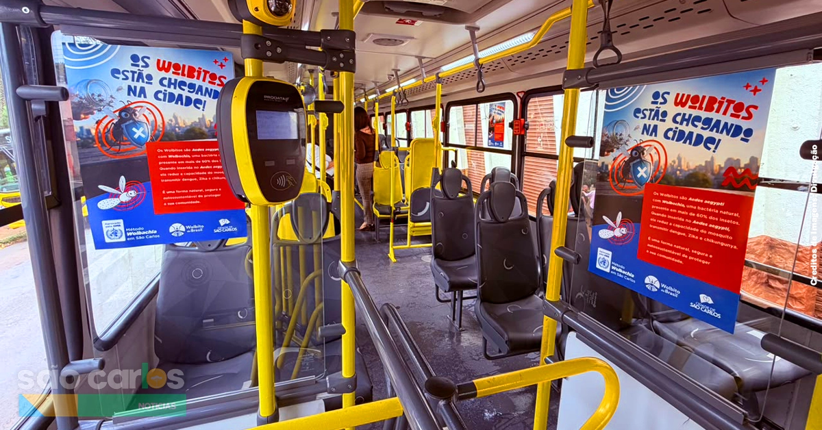 Método Wolbachia São Carlos 2026: Ônibus recebem cartazes